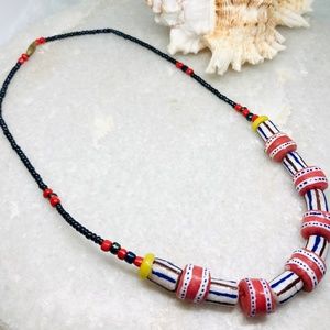 Vintage African Trade Bead Necklace Powder Glass Beads Colors Dots 18”  Handmade
